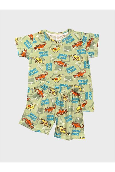 elmas kids Boy's 100% Cotton Green Dinosaur Patterned Short Sleeve Shorts Summer Pajamas Set