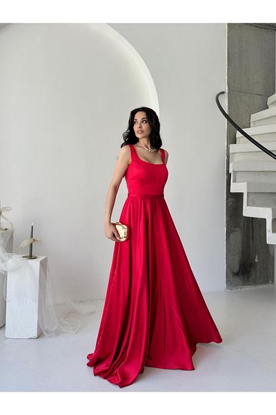 Serica Moda Red Square Neck Strap Satin Evening Dress