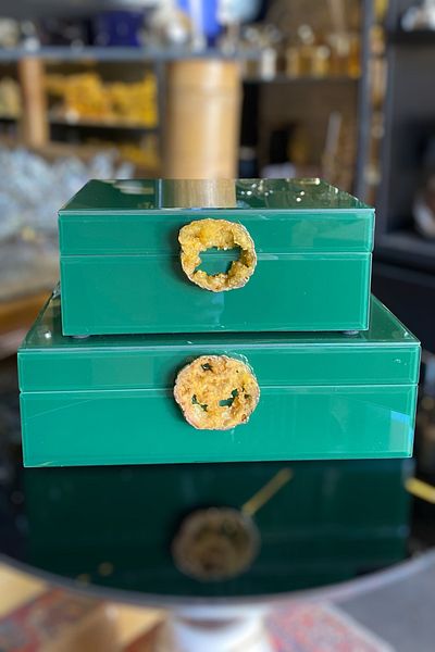 LEMİ DEKORASYON Natural Stone Detailed Lacquer Wood Green 2-Piece Decorative Box 15*19-17*25 cm
