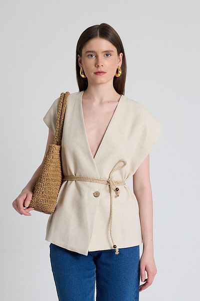 Rays Natural Straw Belted V-Neck Short Sleeve Jacket Vest 2378
