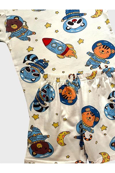 elmas kids Boys' 100% Cotton White Astronaut Patterned Short Sleeve Shorts Summer Pajama Set