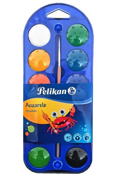 Pelikan 2 in 1 watercolors, tablet type, set of 12 + brush + paper