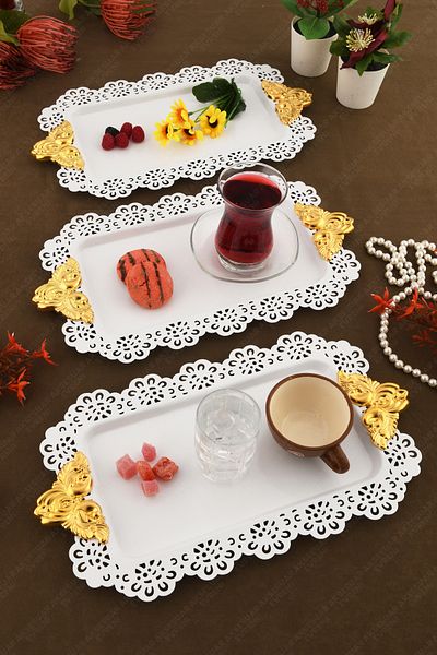 AKSESUAR EVRENİ Seta White Lace Edged Carved Detailed Gold Accessory Handled Rectangular 3-Piece Presentation Tray