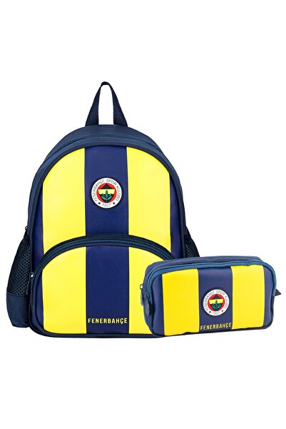 Fenerbahçe 2 Bölmeli Çubuklu Arma Baskılı Suni Deri Anaokulu Çantası + Kalemlik