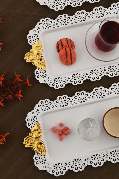 AKSESUAR EVRENİ Seta White Lace Edged Carved Detailed Gold Accessory Handled Rectangular 3-Piece Presentation Tray
