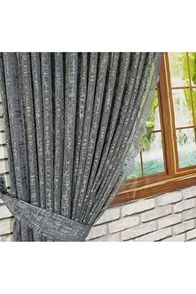 Ceylanlar perde Two Wings Background Curtain Lace-Up Gray Slub