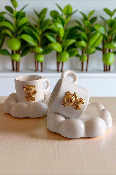ariana sytle Turkish Coffee Cup Set with 2 Puffy Teddy Bears