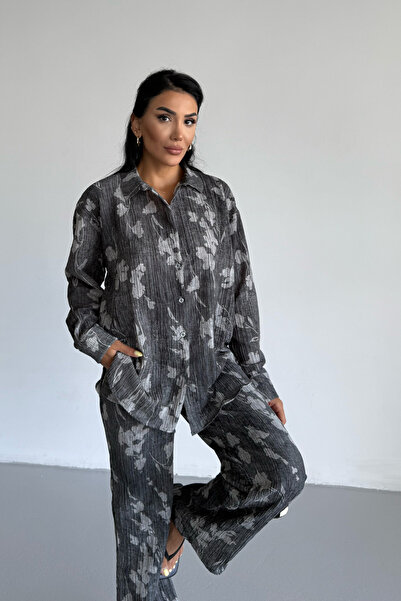 Yefrastore Crinkle Textured Anthracite Floral Suit