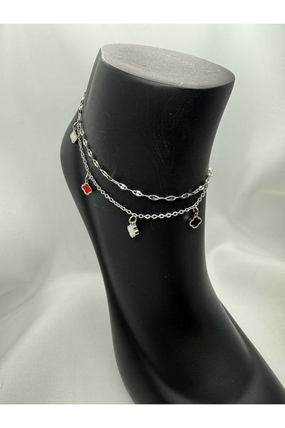 Mila Lumiere Double Chain Silver Silver Color Steel Anklet with Colorful Clover Figure