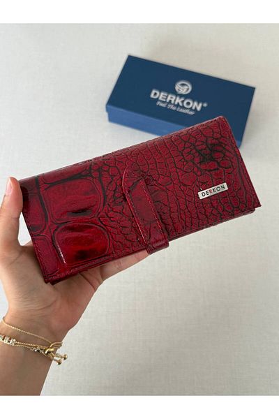 DERKON Crocodile Patterned Genuine Leather Women's Wallet Claret Red