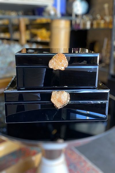 LEMİ DEKORASYON Natural Stone Detailed Lacquer Wood Black 2-Piece Decorative Box 15*19-17*25 cm