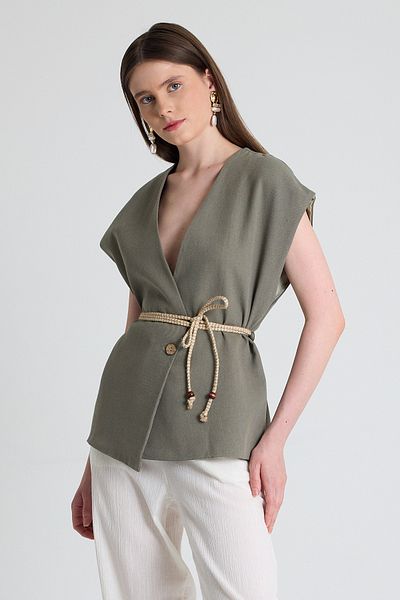 Rays Olive Green Straw Belt V-Neck Short Sleeve Jacket Vest 2378