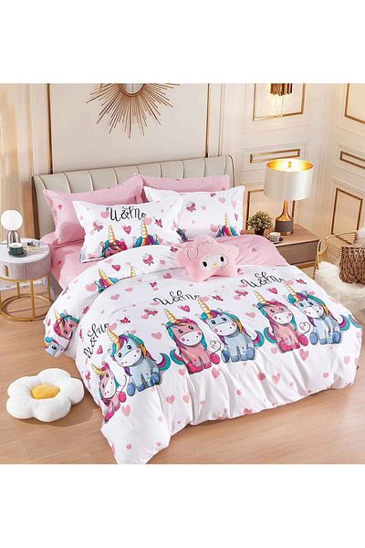 trendyhome Bed Linen, Fine Cotton, 6 Pieces, Unicorn, White/Pink, J14904