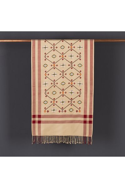 ipekevi Prime Silk Shawl with Ivory Rug Pattern Cross-Stitch