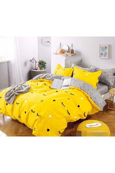 trendyhome Double bed linen, 6 pieces, Fine cotton, Eyelashes, Yellow/Grey, J9723