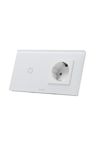 ALEDIO Intrerupator cap-scara simplu cu touch + priza simpla 2P+T, 16A, rama din sticla, alb, Aledio