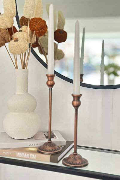 Shura Homeware 2'li Rustik Şamdan Metal Bakır Eskitme Kaplama Şamdan & Mumluk