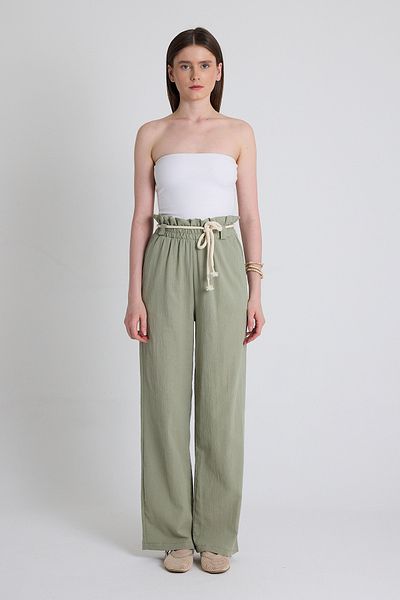 Rays Olive Green Linen Look 100% Cotton Gathered Waist Straw Belt Wide Leg Trousers 6941