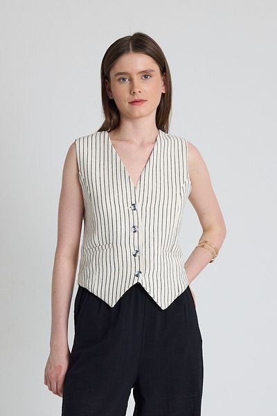 Rays Black Linen Look 100% Cotton Striped Vest 2323