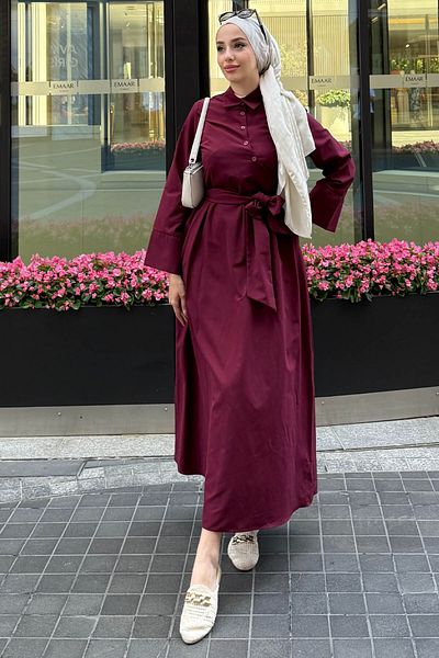 Tesettür Diyarı Women's Spanish Sleeve Tie Detailed Dress - Burgundy