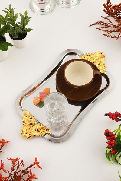AKSESUAR EVRENİ Filo Silver Colored Stainless Decorative Rectangular Presentation Tray with Gold Handles