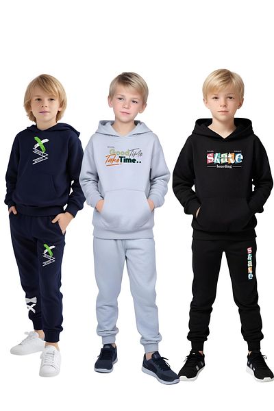 FYK KİDS 3-Piece Hooded Printed Detail Boy's Track Suits