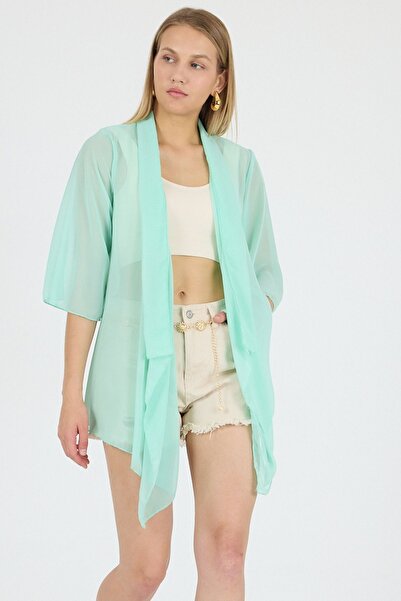 Laranor Mint Shawl Collar Flywheel Sleeve Chiffon Kimono Kaftan Beach Clothing 25L8101