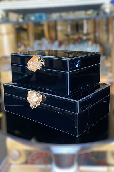 LEMİ DEKORASYON Natural Stone Detailed Lacquer Wood Black 2-Piece Decorative Box 15*19-17*25 cm