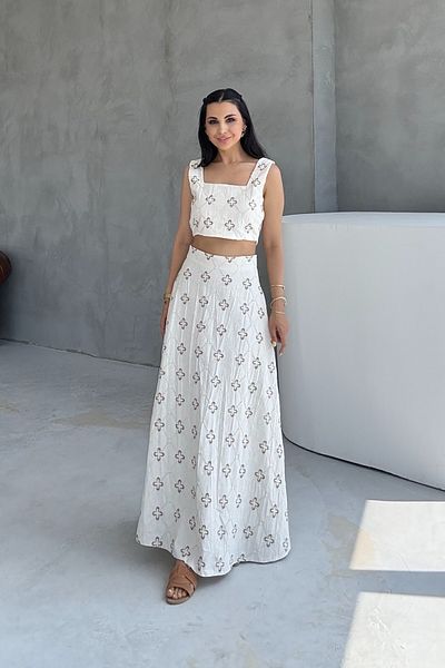 Seda Yalçın Atelier Beige Embroidered Crop Skirt Linen Set