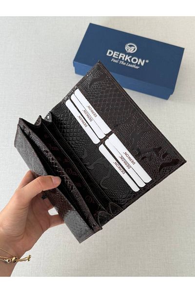 DERKON Crocodile Patterned Genuine Leather Women's Wallet Brown
