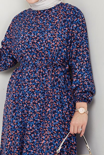 Moda MSK Floral Pattern Belted Dress Navy Blue