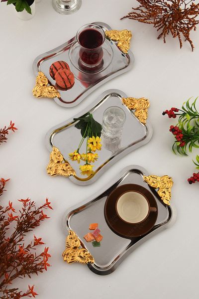 AKSESUAR EVRENİ Filo Silver Colored Gold Handled Stainless 3-Piece Decorative Rectangular Presentation Tray