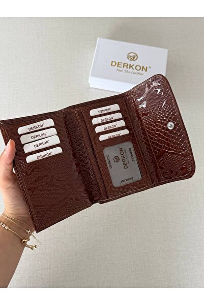 DERKON Crocodile Patterned Medium Size Genuine Leather Women's Wallet Tan Color