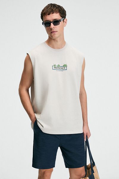 GRIMELANGE Phase Men's Print Detailed Crew Neck Oversize Fit Beige T-Shirt