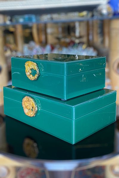 LEMİ DEKORASYON Natural Stone Detailed Lacquer Wood Green 2-Piece Decorative Box 15*19-17*25 cm