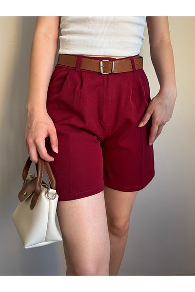 sielta Women's Burgundy High Waist Belted Pocket Detailed Cotton Relaxed Cut Shorts