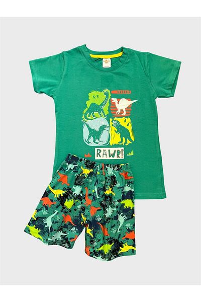 elmas kids Boy's 100% Cotton Green Dinosaur Patterned Short Sleeve Shorts Summer Pajamas Set