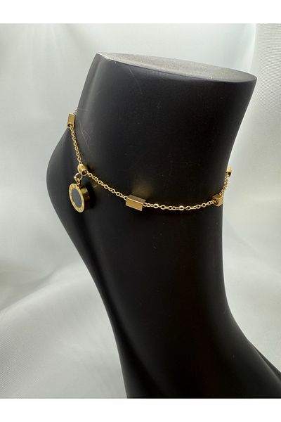 Mila Lumiere Modern Gold Gold Color Steel Anklet with Roman Numeral Ring Detail