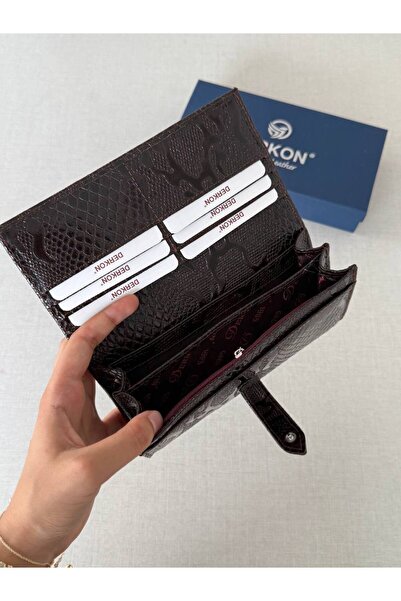 DERKON Crocodile Patterned Genuine Leather Women's Wallet Brown