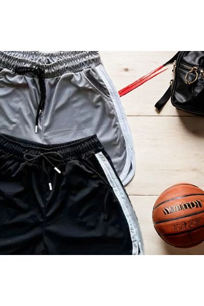 Fifty Color Gray-Black Mesh Basketball Training Sports Shorts Set of 2 with Stripe Detail