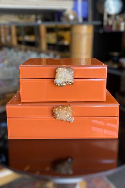 LEMİ DEKORASYON Natural Stone Detailed Lacquer Wood Orange 2-Piece Decorative Box 15*19-17*25 cm