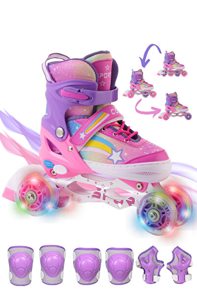 Sportaj Star Rainbow Lighted Girls' Skating and Knee Pad Set Silicone Wheel Adjustable with Carrying Bag