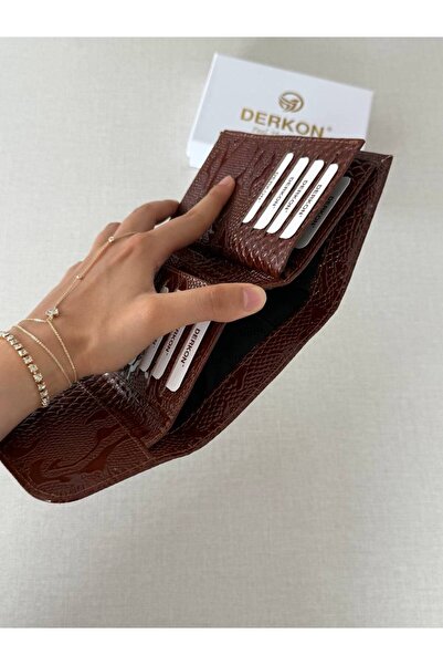 DERKON Crocodile Patterned Medium Size Genuine Leather Women's Wallet Tan Color