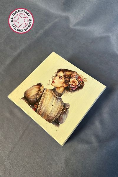 Uretti - Hulya 6683 2537 Handmade Nostalgic Retro Printed Square Wooden Decorative Storage Box