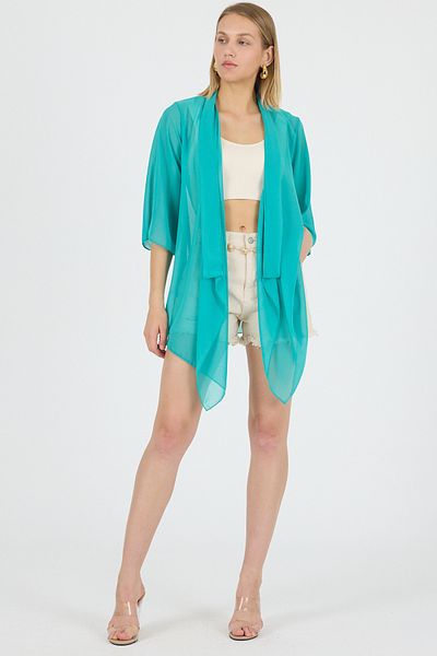 Laranor Green Shawl Collar Flywheel Sleeve Chiffon Kimono Kaftan Beach Clothing 25L8101