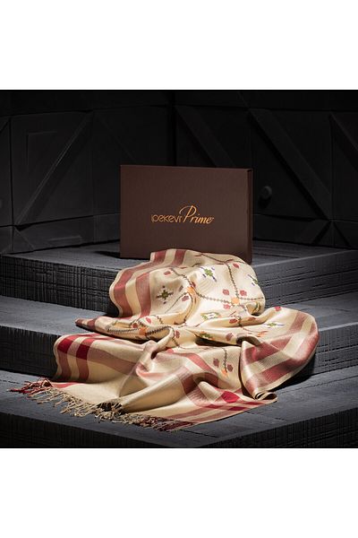 ipekevi Prime Silk Shawl with Ivory Rug Pattern Cross-Stitch