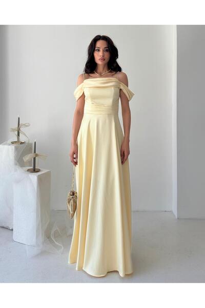 Serica Moda Rochie de seară din satin cu mâneci joase și bretele din piatră g...