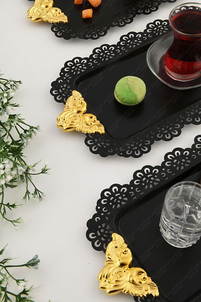 AKSESUAR EVRENİ Seta Black Lace Edged Carved Detailed Gold Accessory Handled Rectangular 3-Piece Presentation Tray