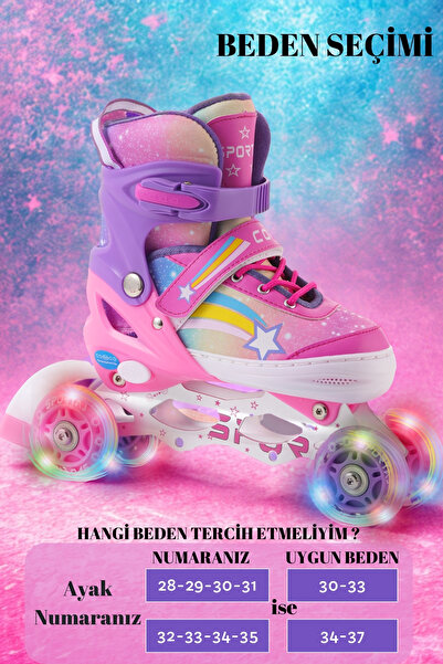 Sportaj Star Rainbow Lighted Girls' Skating and Knee Pad Set Silicone Wheel Adjustable with Carrying Bag