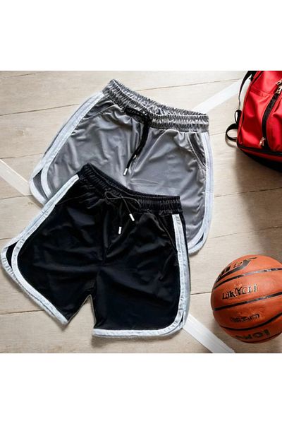 Fifty Color Gray-Black Mesh Basketball Training Sports Shorts Set of 2 with Stripe Detail